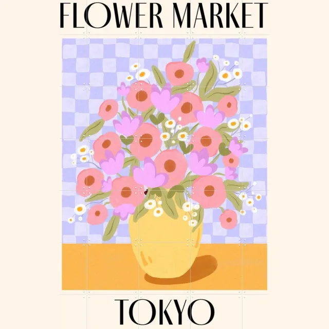 IXXI Tokyo Flower Market, Dirkie Nell & Various - 100 x 140 cm - Grote wanddecoratie en posters - Illustraties, Kleurrijk, Woonkamer, Bloemen, Boeket Oranje / Paars