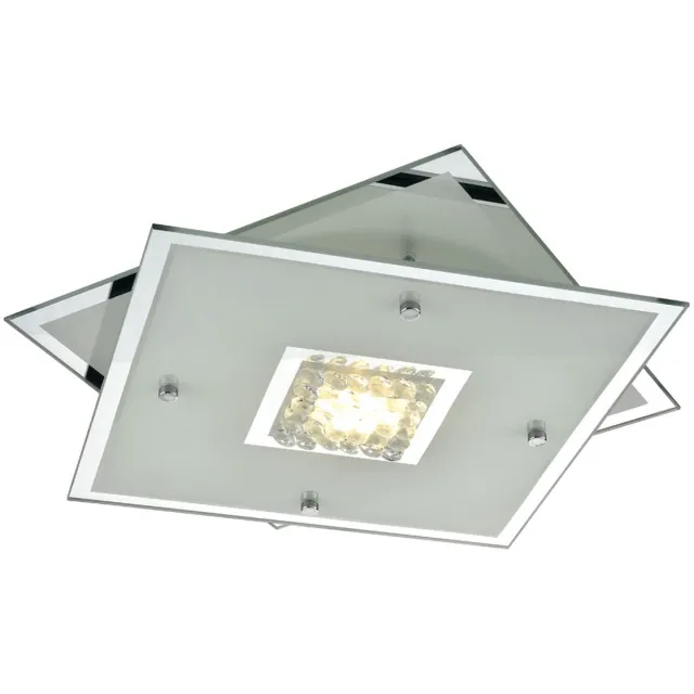 ESTO Plafondlamp chroom LED plafondlamp kristallen glas woonkamerlamp, ijskristallen glas, 1x LED 20W 700Lm warm wit, LxBxH 29 x 29 x 8 cm zilver