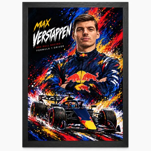 Joshimo Max Verstappen Poster | Portret & Red Bull Auto | Watercolor Art | Inclusief Zwarte A4 Lijst