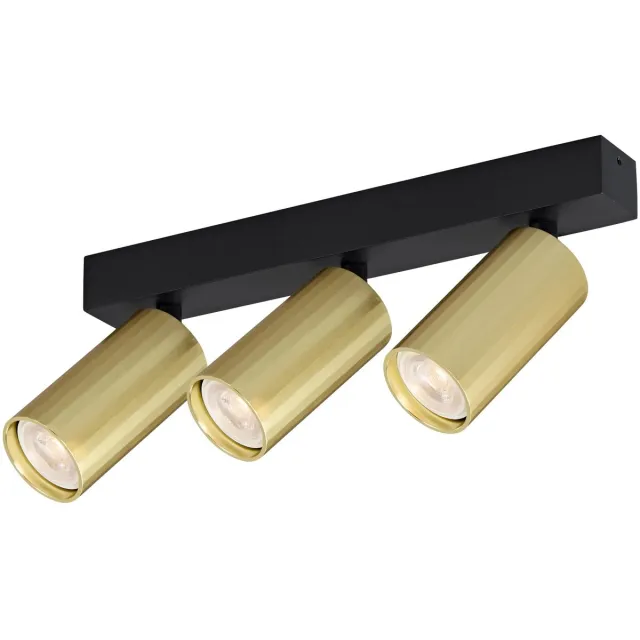 Fantasia Oryx spotbalk met 3 lichtpunten, MR11-fitting, zwarte basis met gouden cilinderkappen, dimbaar, lichtbron niet inbegrepen. Zwart/goud