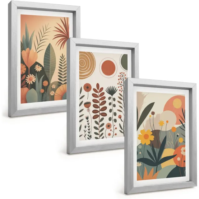 TULUP 4-Delige Schilderij Set - Boho-plantenpatronen in warme tinten met natuur. - 20 x 30 cm - Decoratieve Muurdecoratie - Slaapkamer - Stijlvolle Muurdecoratie Zilveren lijst
