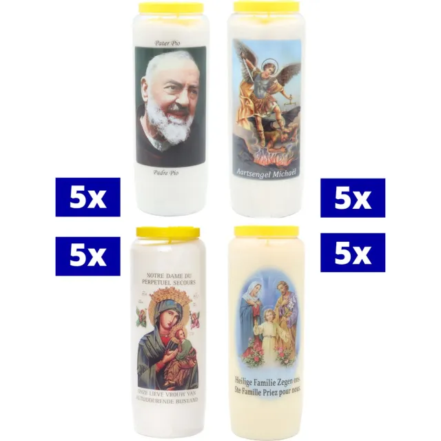 Bouckaert Kaarsen Assortiment noveenkaarsen - 20 9-dagenbranders - 5x Pater Pio - 5x Engel Michael - 5x O.L.V. Bijstand - 5x Heilige Jozef Wit