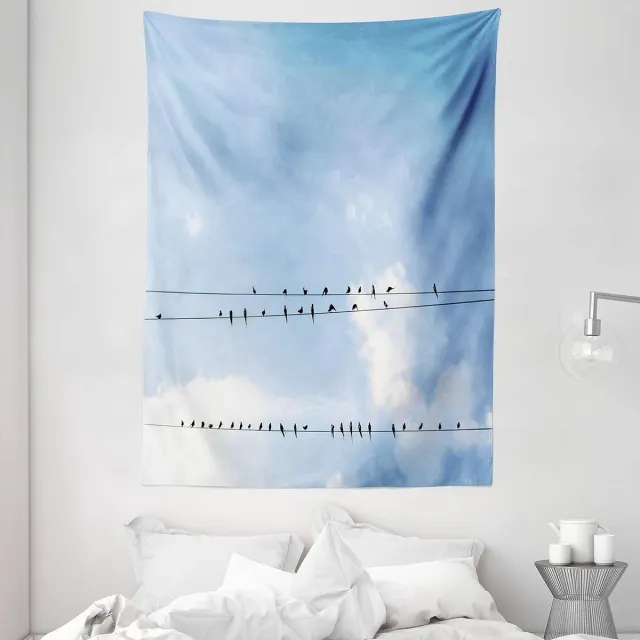 ABAKUHAUS dierentapijt, zwaluwen op stroomkabel, woonkamer slaapkamer wanddoek zijdezacht satijn wandtapijt, 150 x 200 cm, lichtblauw zwart wit Bleekblauw, zwart, wit,