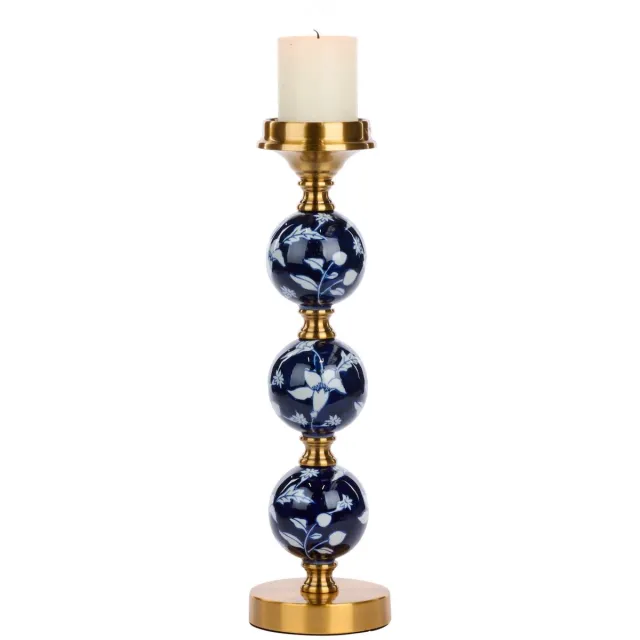 Goodwill Kaarsenhouder Porcelein - Blauw-Goud - H 40 Cm