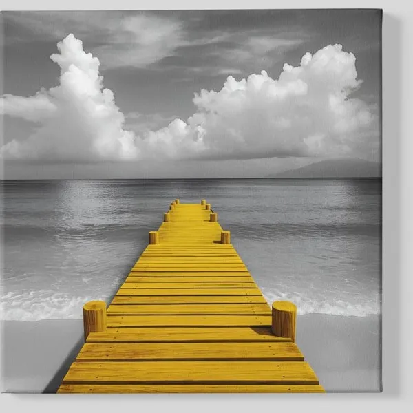 Trendex Global Vierkant Canvas Schilderij - Gele Steiger aan Zee - Landschap - 40x40 cm Grijs