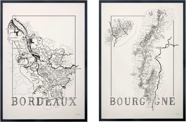 Brushery Poster set - Bourgogne & Bordeaux - 50 x 70 cm - wijnliefhebber - landkaart zwart