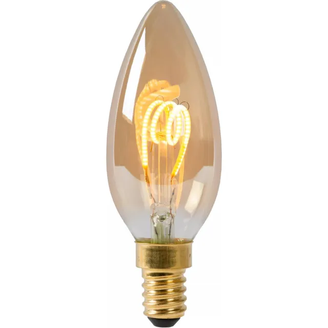 Fantasia LED kaarslamp E14, spiraalfilament, amberglas, 3W, 155 lumen, 2200 kelvin, dimbaar, energieklasse G