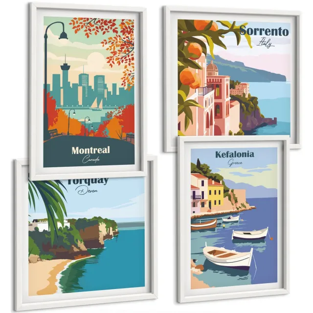 TULUP 4-Delige Schilderij Set - Retrobeelden van steden en landschappen van over de hele wereld - 40x40 en 40x60 - Schilderijen Set - Wanddecoratie - Woonkamer Witte lijst