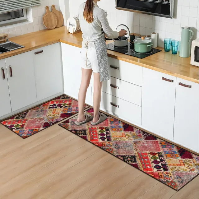 De Groen Home Keukenloper set 65x180 & 60x100 cm - HARMONIE COLLECTIE Patchwork Edition - Vloerkleed - Deurmat binnen - Halloper set - Wasbaar Antislip Zacht Tapijt Donkerrood