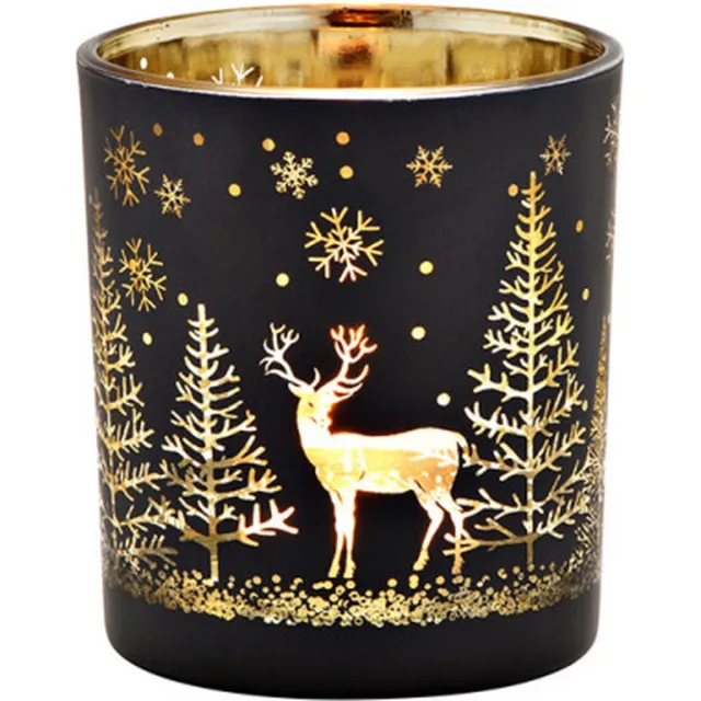 b-home-interieur.be windlicht - waxinelichthouder - Lantaarn winterbosdecor van glas zwart 9x10x9cm , goud - kerst - rendier - MEDIUM