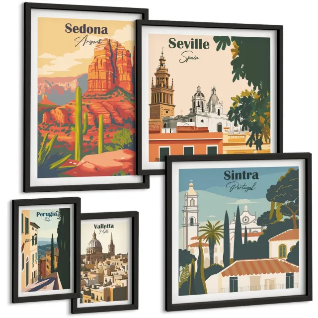 Coloray 5-Delige Schilderij Set - Toeristische Landschappen Uit Diverse Steden Over De Hele Wereld - 50 x 50 cm, 20 x 30 cm En 40 x 60 cm - Stijlvolle Wanddecoratie - Interieur - Interieur Decoratie Zwarte lijst