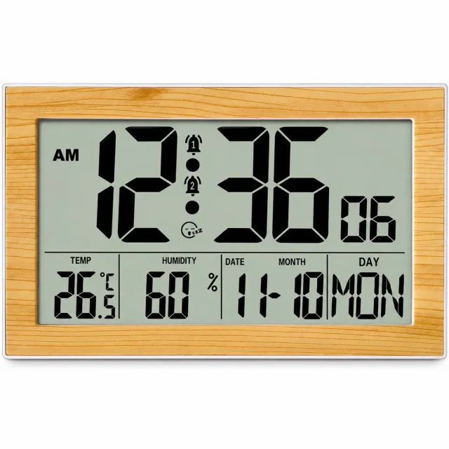 SWGOTA Digitale wekker en wandklok - LCD zonder achtergrondverlichting - Temperatuur, luchtvochtigheid en kalender - Op batterijen - Bamboehoutlook Lichtbruin