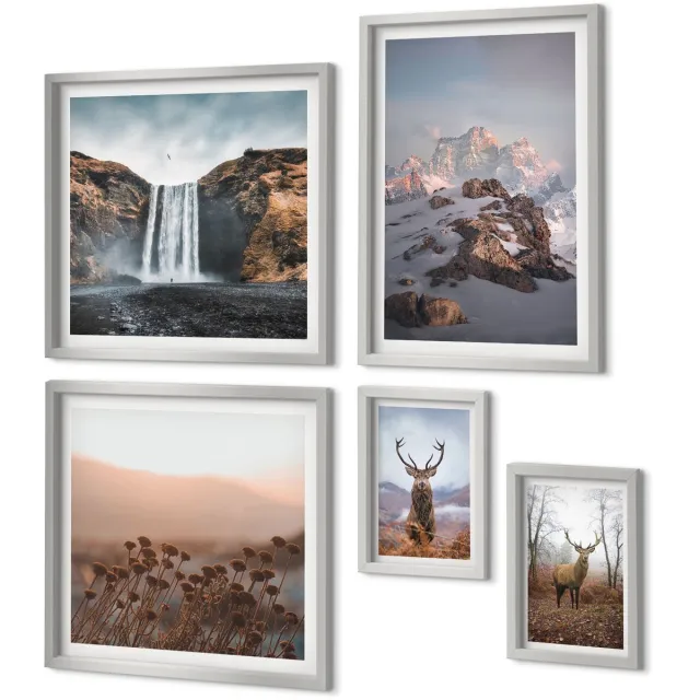 Coloray 5-Delige Schilderij Set - Vakantielandschappen Met Palmbomen En Een Waterval - 20 x 30 cm - Wanddecoratie - Moderne Interieurdecoratie - Decoratieve Schilderijen Zilveren lijst