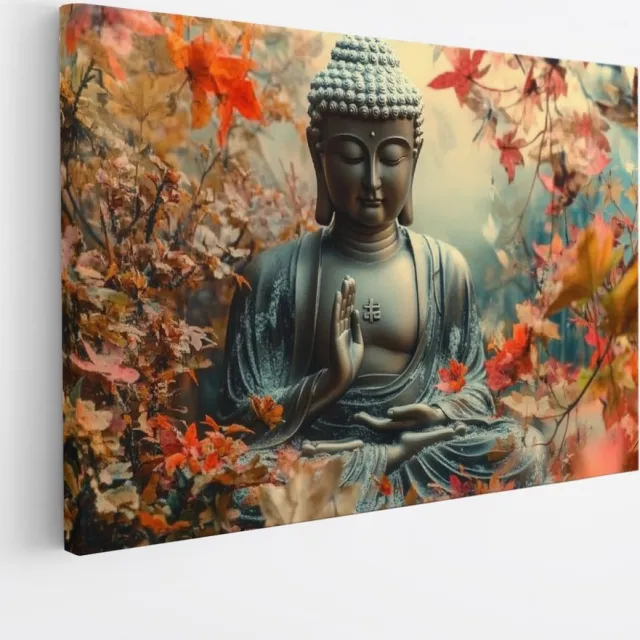 Saammp Canvas Schilderij - Boeddha tussen de Bladeren - Abstract - 90x60 - Foto op canvas - Wanddecoratie - Muurdecoratie Woonkamer - Canvas schilderijen Multicolor