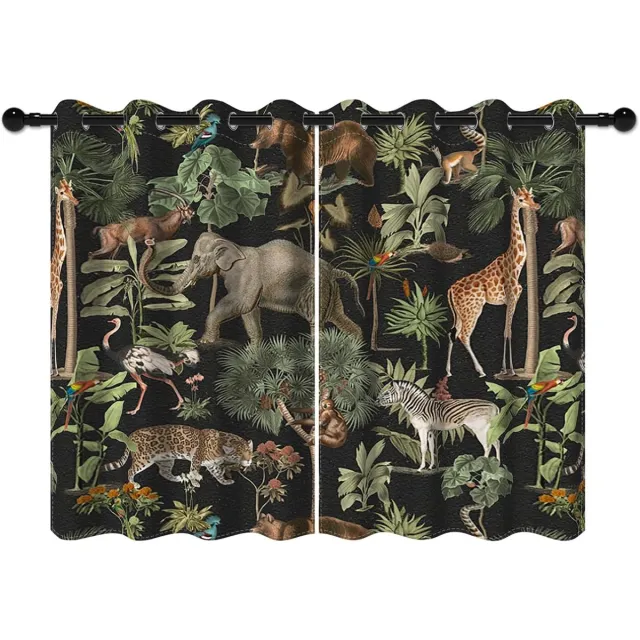 Famanu Verduisterende Gordijnen Jungle Olifant Giraffe Wild Safari Groen Bos voor Woonkamer Slaapkamer Raam Gordijnen 2 Panelen Set met Gaten groente