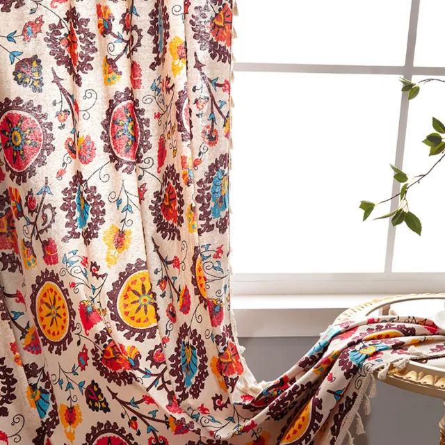 OUTARO Boho-Gordijn met Kwastjes 1 Paneel 145×220cm – Boheemse Bloemenprint – Semi-Verduisterend Katoenen Linnen – Roedezakken – Woonkamer Slaapkamer Keuken-Belle's product Afbeeldingskleur