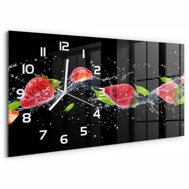 TULUP Wandklok - Aardbeien en water Wandklok Glas Decoratie - 60x30 cm - Rood Gekleurde Glazen Klok - Witte handen - Rechthoekige Klok - Klok Glas Met Opdruk - Moderne Wandklok Glas