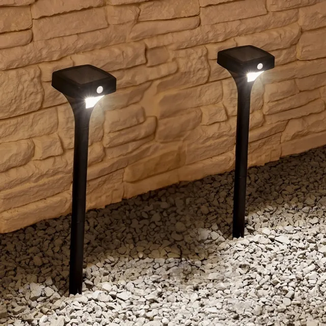 RexTech Solar tuinverlichting - Prikspot 'Move II' - 2 stuks - Buitenlamp met sensor - Tuinverlichting met sensor - Padverlichting op zonne-energie - Zwart Zwart - 2 stuks