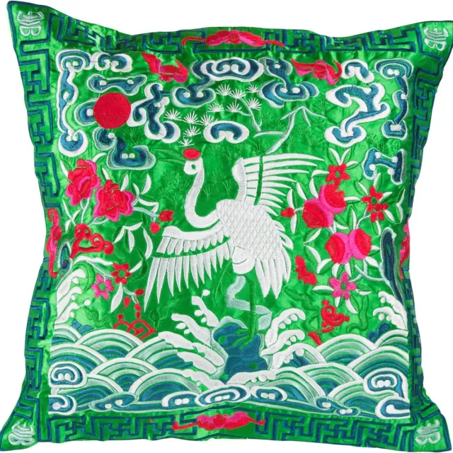 Fine Asianliving Chinese Kussen Volledig Geborduurd Groen Kraanvogel 45x45cm
