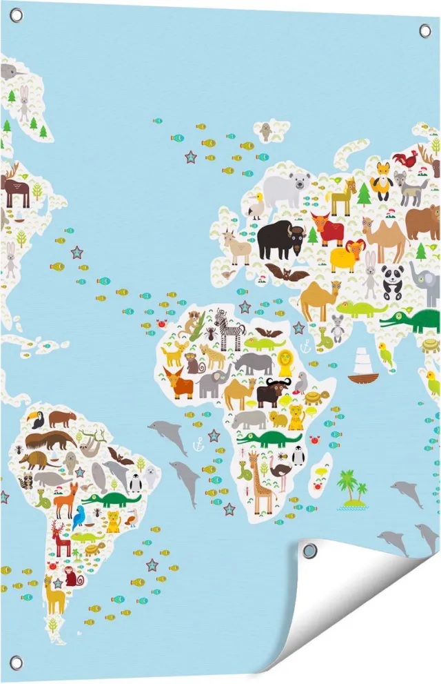Gards Tuinposter Wereldkaart met Dieren - 60x80 cm - Tuindoek - Tuindecoratie - Wanddecoratie buiten - Tuinschilderij Multikleur