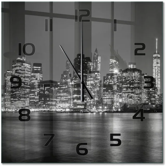 TULUP Wandklok - Manhattan 's nachts Moderne Wandklok Glas - 60x60 cm - Zwart-wit Wandklok Glas Decoratie - Zwarte handen - Vierkante Klok - Glazen Wandklok Design - Klok Glas Met Opdruk