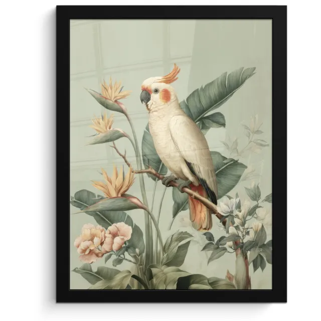 FrameYourWall Poster in lijst - Fotolijst 30x40 cm - Posters - Gele kuifkaketoe - paradijsvogelbloemen - Groen - Posterlijst zwart - Decoratie - Wanddecoratie woonkamer - Muurdecoratie slaapkamer