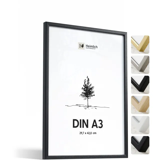 Heimlich Fotolijst A3 (29,7x42 cm) - Posterlijst Massief Hout Zwart - Wandhangend - Onbreekbaar Kunststof Glas