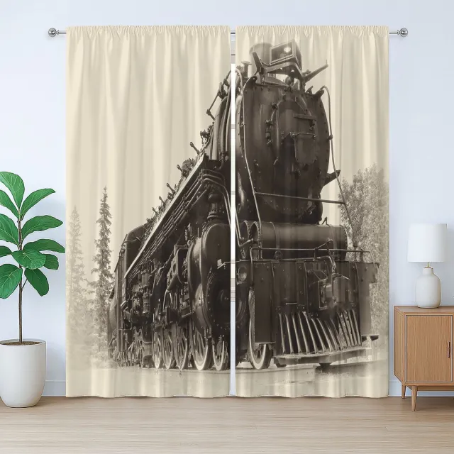 ABAKUHAUS Stoomlocomotief Rustiek Gordijn, Antieke Trein Kunst, met Bandjes voor de Woonkamer met Lussen en Haken, 280 x 245 cm, Zwart Grijs