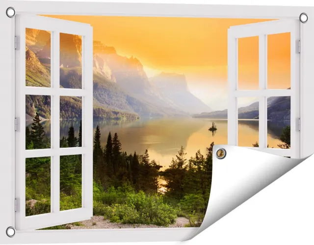 Gards Tuinposter Doorkijk Bergen met een Meer in Nationaal Park Glacier - 60x40 cm - Tuindoek - Tuindecoratie - Wanddecoratie buiten - Tuinschilderij Wit