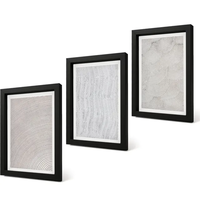 Coloray 4-Delige Schilderij Set - Patronen in het zand: lineaire geometrische structuren - 20 x 30 cm - Stijlvolle Muurdecoratie - Kantoor Zwarte lijst