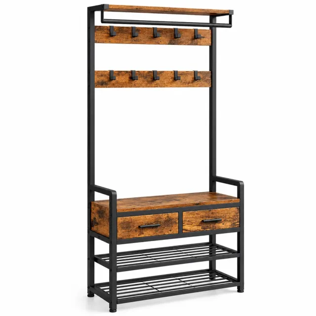ITRONIQ Kapstok met Schoenenrek en Zitbank - 10 Haken - 2 Lades - Garderobekast 6-in-1 - 80,4 x 30 x 181,6 cm - Bruin/Zwart