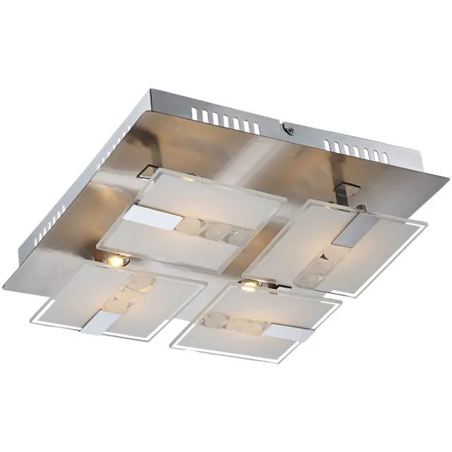 Globo Plafondlamp glas moderne woonkamerlamp plafondlamp chroom, gedeeltelijk gesatineerd, metaal, 4x LED 4,5W 382Lm warm wit, LxBxH 30x30x9 cm zilver