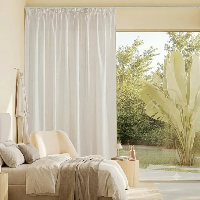 Maison Elara Extra Breed Linnen Gordijn met Plooiband - Set van 1 - 300 cm Breed x 220 cm Hoog - Half-Transparant Beige Woonkamergordijn voor Railsysteem - Boho Stijl Lichtbeige
