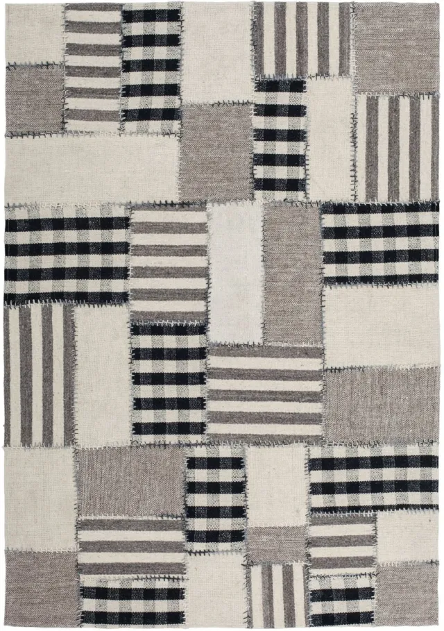Padiro designvloerkleed 160 x 230 cm - lichtgrijs - patchworkontwerp - met handgeborduurde rechthoeken, strepen en ruitpatronen in patchworkstijl - van wol en katoen