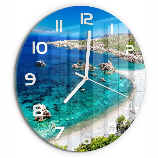 TULUP Wandklok - Baai Glazen Wandklok Design - fi30 cm - Blauw Klok Glas Met Opdruk - Witte handen - Ronde Klok - Wandklok Glas Met Motief - Decoratieve Glazen Klok