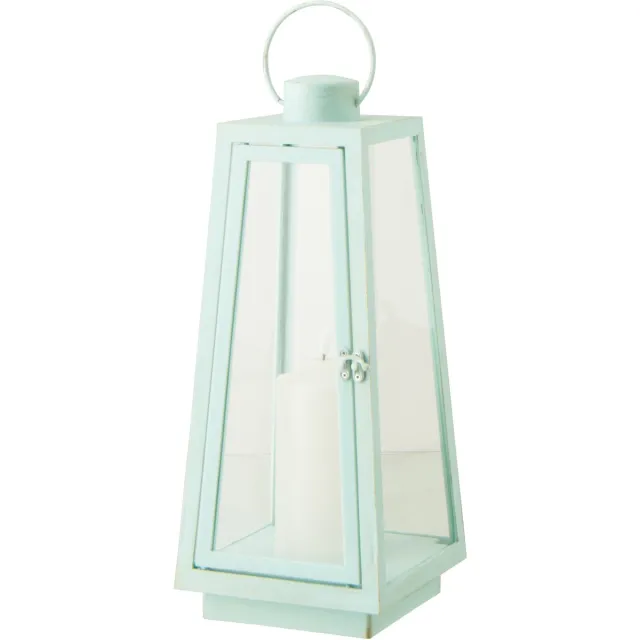 J-Line lantaarn + kaars - glas - turkoois - medium - LED lichtjes Blauw