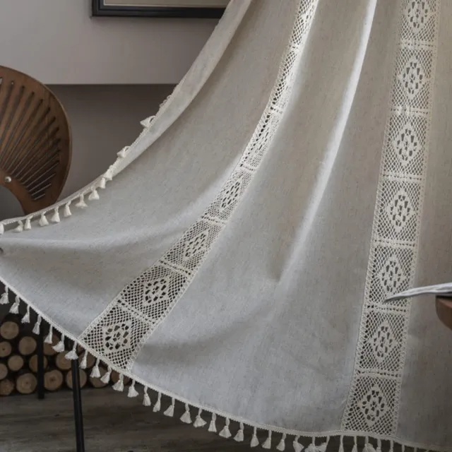 TOSPASS Vintage landhuisstijl gehaakt gebreid gordijn boho Boheemse gordijnen uitgehold kwast 1 stuk gordijnen outdoor linnen katoenen gordijnen voor woonkamer slaapkamer gordijnen 150x200 cm beige