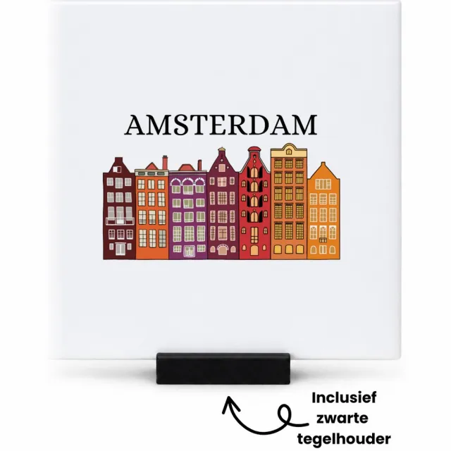 Hacebo Amsterdam tegeltje met tegelhouder - Amsterdam - Amsterdammers - tegeltjes met tekst - de echte Amsterdam liefhebbers Rijtjeshuizen - spreuktegels - 10.8x10.8 CM Wit