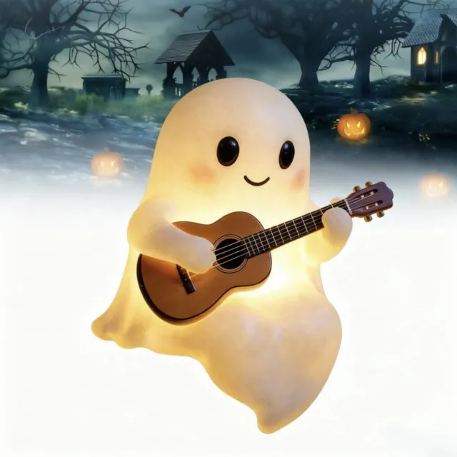 Oemmn Halloween Nachtlampje – Spook met Gitaar – Warme LED Glow – USB Gitaarspeler Decoratie – Sfeerverlichting voor Kamer – Nachtlamp voor Lezers – Cadeau voor Muziekliefhebbers en Boekenliefhebbers Wit
