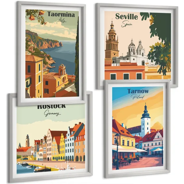 TULUP 4-Delige Schilderij Set - Uitzichten op kuststeden en hun architectuur - 40 x 40 cm en 40 x 60 cm - Decoratieve Muurdecoratie - Slaapkamer - Stijlvolle Muurdecoratie Zilveren lijst