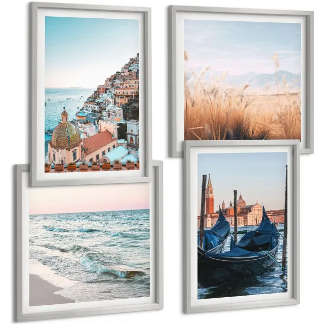 Coloray 4-Delige Schilderij Set - Uitzicht Op Zee, Italiaanse Architectuur, Venetië - 40 x 40 cm En 40 x 60 cm - Muurdecoratie - Wanddecoratie - Slaapkamer - Stijlvolle Muurdecoratie Zilveren lijst