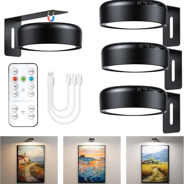 Lexium Store Schilderijlampje draadloos - Zwart - Set van 3 - Oplaadbare LED Wandlampen met Afstandsbediening - Voor Fotolijsten en Kunstwerken