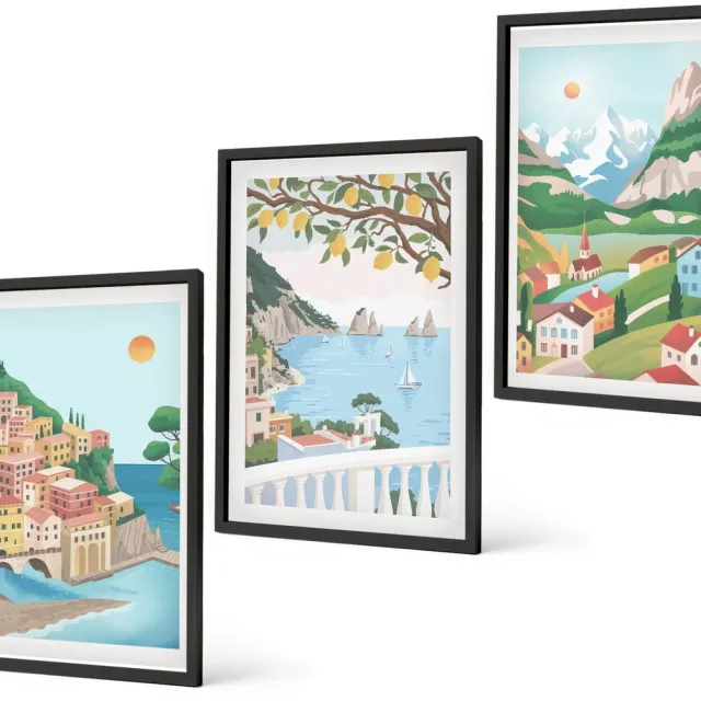 Coloray 3-Delige Schilderij Set - Uitzicht Op Zee Met Pastelkleurige Huizen - 40 x 60 cm - Muurdecoratie - Interieur Decoratie - Stijlvolle Muurdecoratie Zwarte lijst