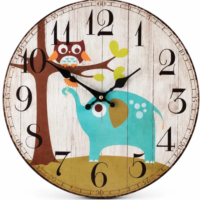 SWGOTA Wandklok met blauwe olifant en uil - stil uurwerk - MDF 5 mm - rond en enkelzijdig