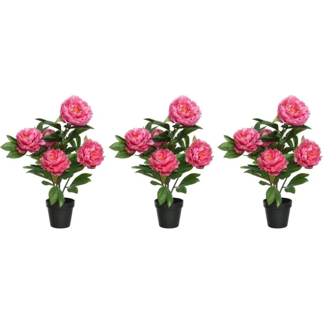 Shoppartners 3x Roze Paeonia/pioenroos rozenstruik kunstplanten 57 cm in zwarte plastic pot - Kunstplanten/nepplanten - Pioenrozen
