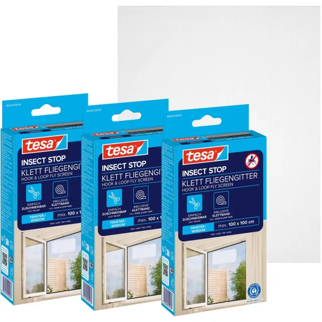 Tesa INSECT STOP H&L Fly Screen for Window - hor met klittenband, op, zonder boren, wit - 3x 100 x 100 cm