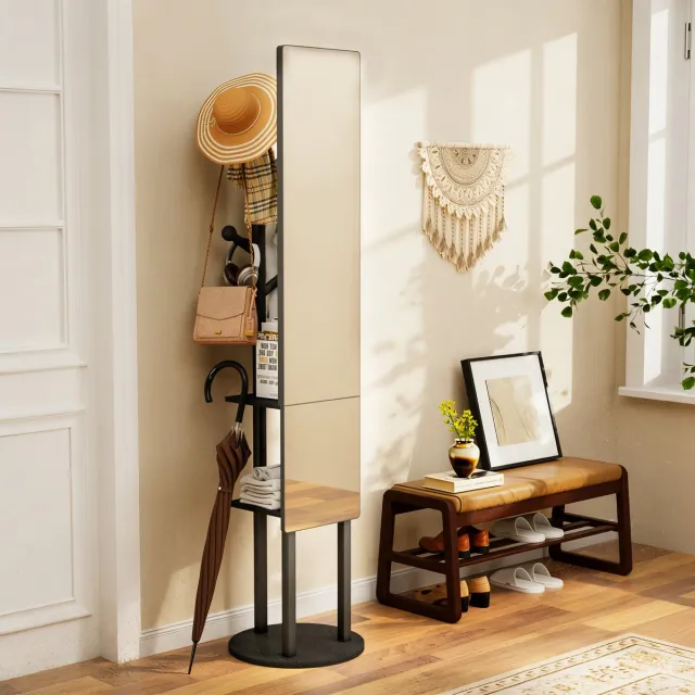 STILVORA Staande Spiegel Draaibaar – 360 Graden 2 In 1 Garderobe – 135 x 30 cm – Spaanplaat En Staal – Zwart – Voor Slaapkamer En Hal
