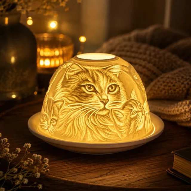 Candle Wisdom Porseleinen waxinelichthouder – Cats – Katten - Porseleinen theelichthouder – Porseleinen koepel – Sfeerlicht - Cadeau – Geschenk – Valentijn – Moederdag – Verjaardag – Kerst wit 4
