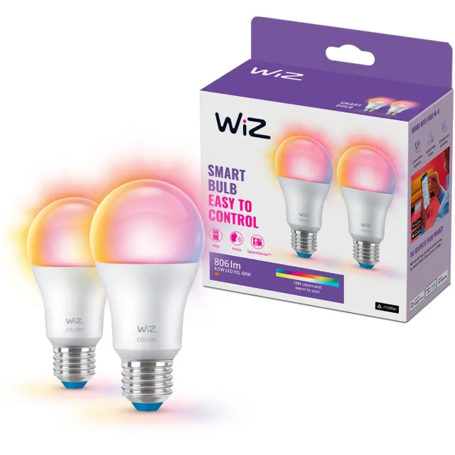 WiZ Lamp 2-pack - Slimme LED-Verlichting - Gekleurd en Wit Licht - E27 - 60W - Mat - Wi-Fi