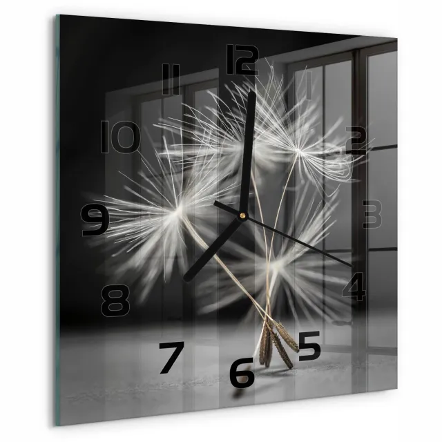 TULUP Wandklok - Paardenbloemzaden Moderne Wandklok Glas - 30x30 cm - Zwart-wit Wandklok Glas Decoratie - Zwarte handen - Vierkante Klok - Glazen Wandklok Design - Klok Glas Met Opdruk